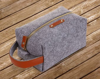 MERKIT Wool Felt & Genuine Leather Toiletry Makeup Shaving Dopp Kit Travel Bag