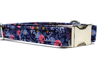 Navy and Pink Floral Dog Collar | Your choice of metal buckle or plastic buckle | Floral Dog Collar | Summer Dog Collar | Girl Dog Collar