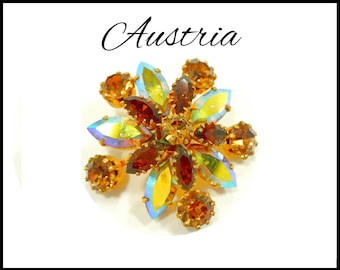 AUSTRIA Aurora Borealis & Amber Rhinestone Brooch, AB Topaz and Gold, Amber AB Brooch, Runway Style, Graduation Mothers Day Gift For Her