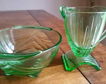 1930's art deco Stolzle glass milk jug and sugar bowl.