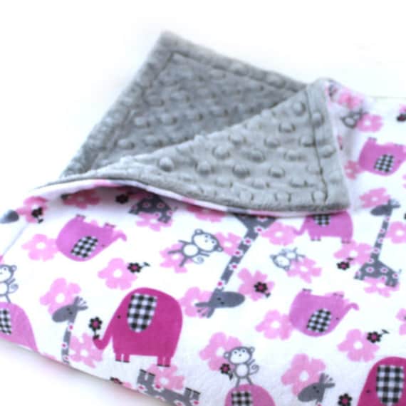 Elephant Baby Lovey Blanket, Personalized Baby Blanket Girl, Pink Silver Gray Animal Minky Blanket, Baby Shower Gift, Tag Blanket, Baby Girl