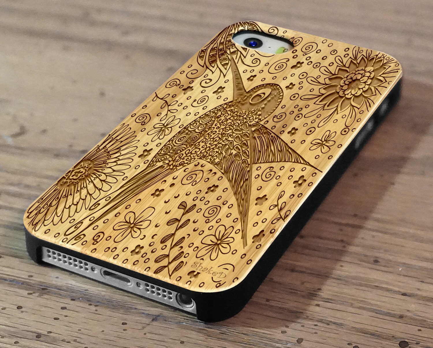 Genuine Wood Cell phone Case with Hummingbird Laser Engraving