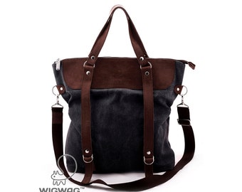 Large women's bag, waxed canvas bag, shoulder bag, canvas bag, convertible messenger, waxed canvas leather bag, womens gray backpack