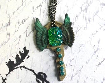 Vintage Key Necklace Green Patina Wings Sparkle Handmade Altered