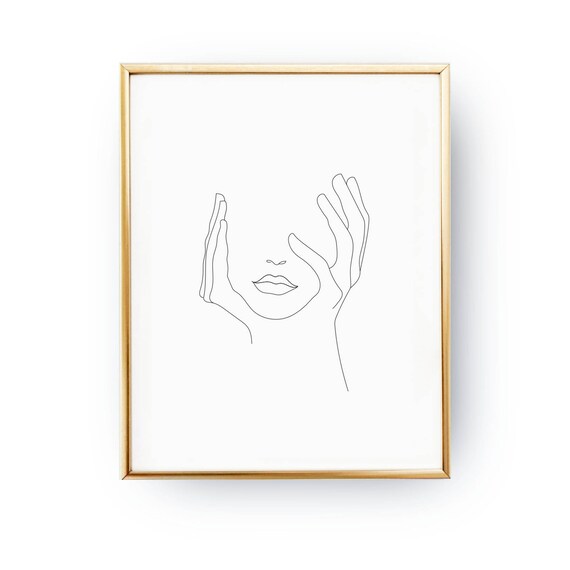 One Line Artist Statement : Hands on face lips print black and white sketch art line