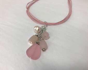 Pink Sea Glass Pendant Cluster Necklace