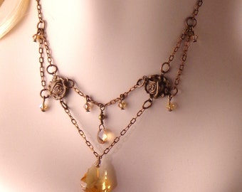 Antiqued Brass and Swarovski Necklace, Handmade Chain and Crystal necklace, steampunk necklace, Victorian style necklace