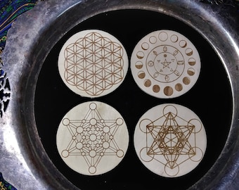Sacred Geometry Mini Crystal Grid Grids Flower of Life Metatron's Cube Merkaba Lunar Phase Metaphysical Spiritual Wicca