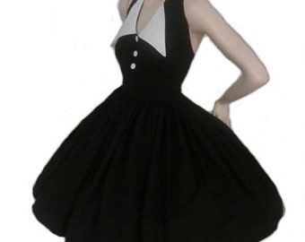 Pin up Dress - Black Dress - Halter Swing Dress - Pinup Dress - White Collar - Rockabilly Dress - Retro Dress - Custom Size - Plus Sizes