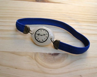 BLUE FLUOR Fake watch with elastic watchband bracelet. Porcelain toy clock.