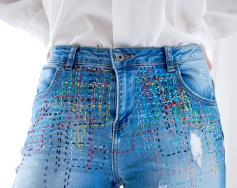 Patched Denim / Patched Jeans / Reworked Vintage Jeans with Patches / vintage brand jeans/painted denim/redone jeans /boyfriend jeans/