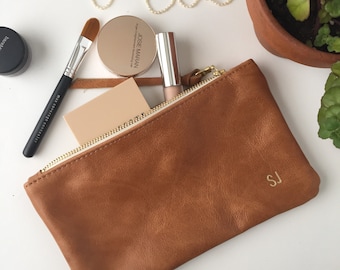 Brown Leather Clutch // Monogrammed Leather Pouch // Bridesmaid Gift // Leather Makeup Bag