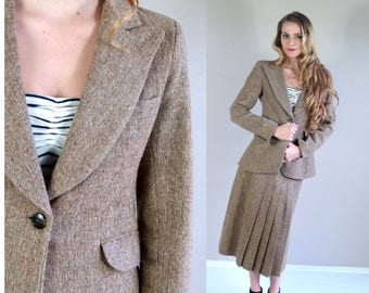 vtg 70s light brown TWEED secretary WOOL SUIT Sm/Med pleated jacket high waist skirt matching set work outfit