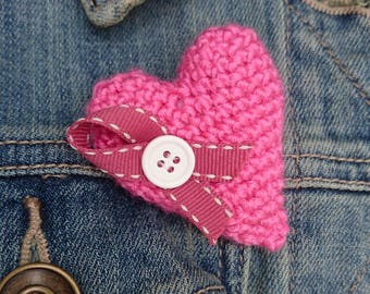Beautiful handmade crochet heart brooch with ribbon and button detail
