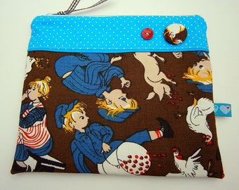 Michel aus Lönneberga,Emil, Zippertasche mit tollen Details, Vintage Stoff, braun, türkis,Schweden, handmade, Unikat (126)