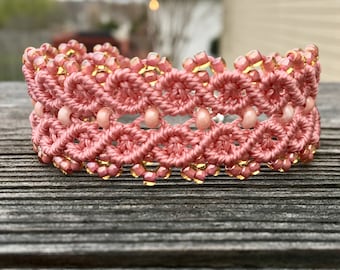 Micro-Macrame Cuff Bracelet. Modern Macrame. Rose Pink Beaded Bracelet. Pink Beaded Cuff. Statement Jewelry. Boutique Fashion Piece.