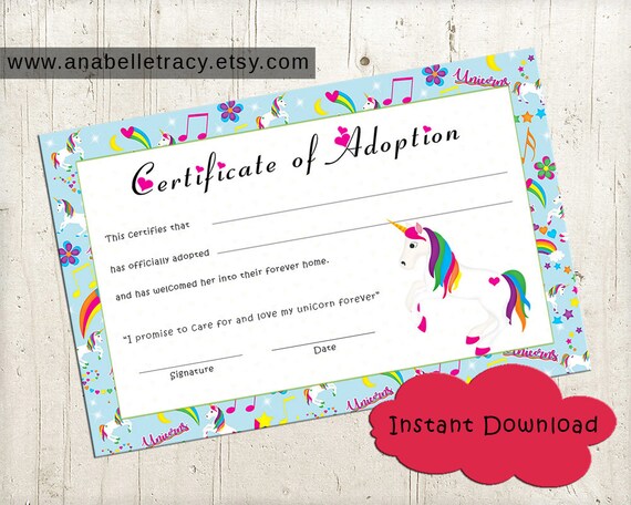 Adopt A Unicorn Certificate for Adoption for Girls Birthday