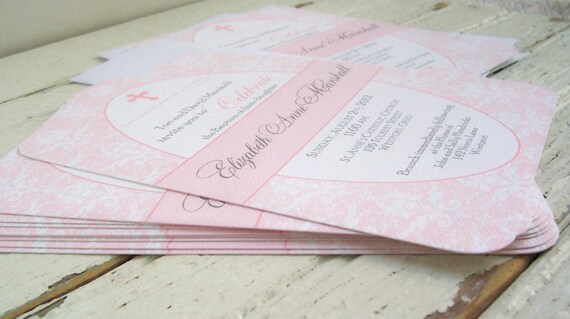 pink damask baby girl baptism invitations elegant printed