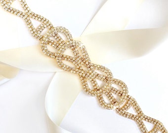 Sash - Gold Rhinestone Bow Wedding Dress Sash - Gold Rhinestone Encrusted Bridal Belt Sash - Crystal Extra Wide Wedding Belt