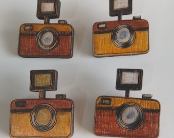 Wooden Hand Painted Camera Brooch (free shipping!)