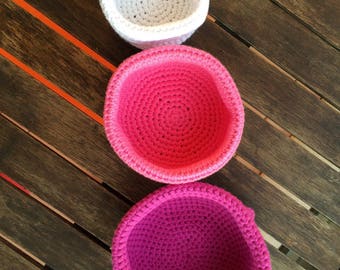 Three little baskets-crocheted in shades of pink