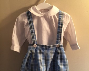 24 month, Vintage Classic Baby Clothes, Adorable Blue and White Plaid Short Set with Cross Straps (shirt not included)