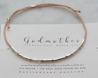 Godmother Gift • God Mother Bracelet | Morse Code Bracelet | Tan Silver and Rose Gold String Auntie Bracelet | Morse Code Aunt