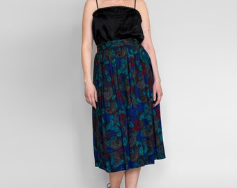 Vintage 80s Skirt • Paisley Skirt • Dark Floral Skirt • High Waist Skirt • Floral Midi Skirt • Pleated Skirt • Full Skirt • 1980s Skirt