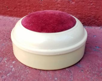 Vintage French Ivory Pin Cushion Storage with Red Velvet Top
