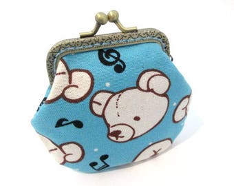 Light blue coin purse, little girl purse with bear print cotton fabric, bronze kiss lock clasp purse, metal frame pouch