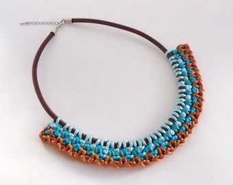 Turquoise Necklace, Tribal Necklace, Unique Necklace, Fiber Jewelry, Fabric Necklace, Crochet Necklace, Statement Necklace, Bib Necklace