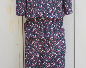 80s Two Piece Dress - Pink Floral Dress - Vintage Bib Dress - Lace Collar Dress - Retro Skirt and Top Set - 90s Grunge Dress - 1980s Dress
