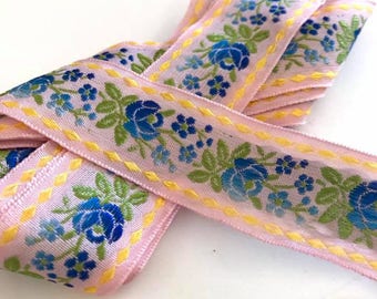 Brocade Ribbon 1" wide - Pink with blue roses