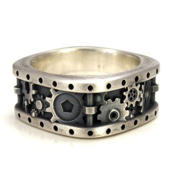 Steampunk Gear Ring Square Gear and Rivets Ring - Distressed Silver Industrial Gear Ring