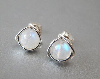 Rainbow Moonstone Stud Earrings, Genuine Moonstone Earrings, June Birthstone, Birthday Gift, Moonstone Jewellery, Wife Gift