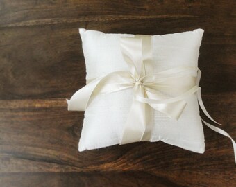 Simple Ivory Dupioni Silk Ring Pillow, Ring Bearer Pillow with Satin Ribbon Ties