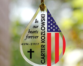Military Flag Memorial Tear Drop Personalized Glass Ornament, memorial gift, memorial ornament, Christmas, veteran -gfyL11773111-military