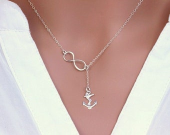 Sterling Silver Sideways Infinity & Anchor Necklace Bridesmaids , Silver Anchor and Infinity Lariat. Navy Mom Necklace , US Navy Jewelry