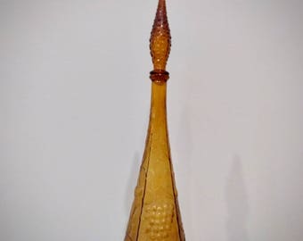 1960s Italian Amber glass decanter, Empoli decorative amber glass, genie bottle