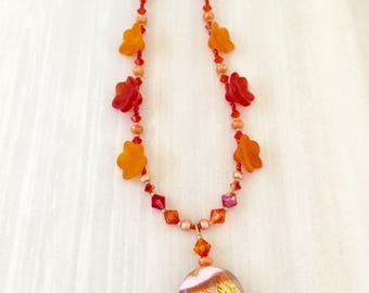 Tangerine Tango Beaded Necklace - Czech Glass Flowers - Boho Chic - Delicate Necklace - Swarovski Crystal - Gift for Women