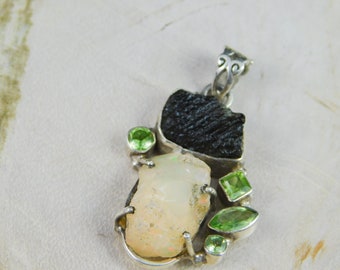 Moldavite Opal Peridot Pendant, Sterling Silver