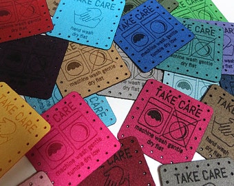 1.5 x 1.5 Faux suede - Faux suede Knitting Tags - Care Tags - Washing Instructions