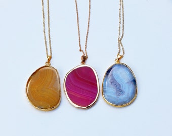 Agate Slice Necklace, Agate Necklace, Gold Agate Necklace, Agate Pendant Necklace, Crystal Necklace, Blue Agate, Agate Slice, Agate, Crystal
