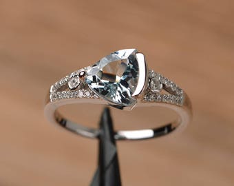 genuine natural aquamarine ring engagement ring trillion cut sterling silver ring March birthstone blue gemstone ring