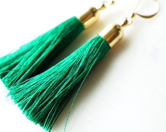 Emerald Green Gold filigree Tassel modern earrings