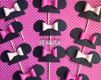 Minnie Mouse 3D Bow Cupcake Toppers - Set of 12 - Minnie's Bowtique Party - Oh Two-dles Decorations - Pink Black Red