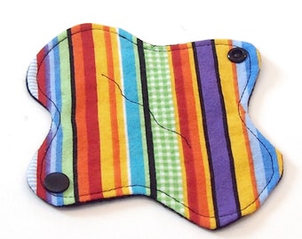 6" Reusable Cloth winged ULTRATHIN Pantyliner - Rainbow Ribbon Stripes w Black back - Cotton flannel top