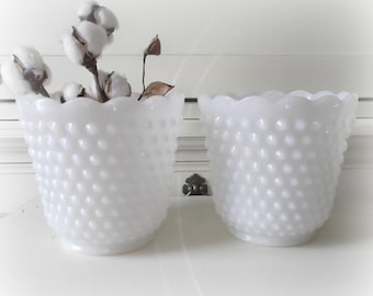 Milk Glass Planters, Two Vintage Hobnail Milk Glass Flower Pots, Wedding Decor