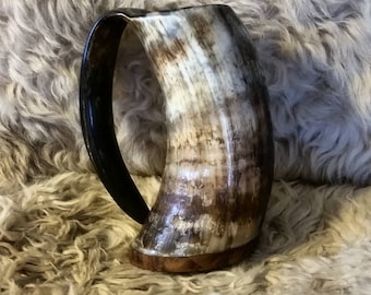 Viking Drinking Horn Mug, Tankard, Large 16oz, Wood base