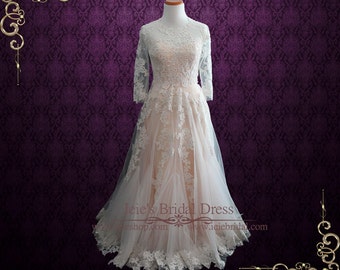 Modest Blush Lace Wedding Dress with Long Sleeves | Charmine